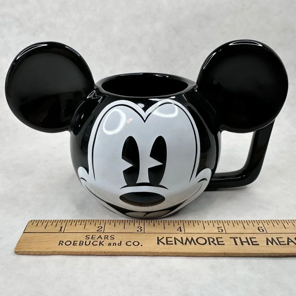 Vintage Disney Mickey Mouse Ceramic Mug W/ Spoon Black &‎ White 3D Ears D Handle